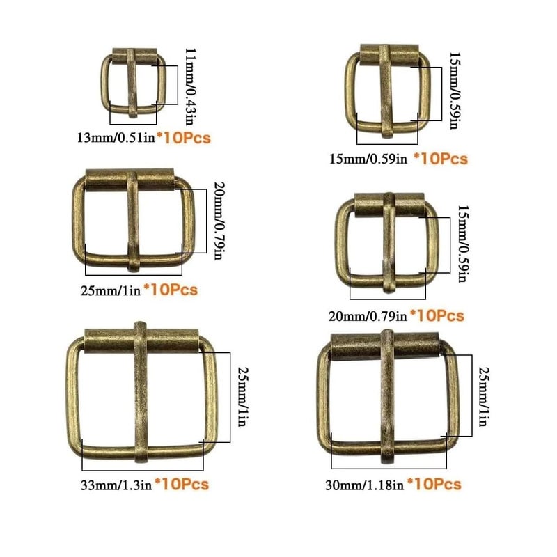 Hysagtek Brass Buckles 60 Pcs Roller Buckles Belts Hardware Pin Buckle for Bags Leather Belt Strap Hand DIY Accessories, 6 Size - 1.3'', 1.18", 1", 0.79", 0.59", 0.51" Bronze Metal - Image 2